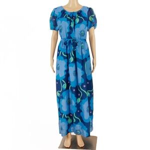 Vintage 60s Mod Hippie Blue Floral Short Semi Sheer Sleeve Maxi Long Dress